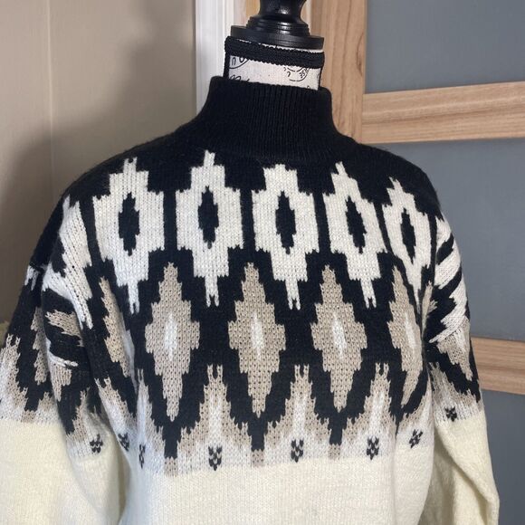 89th & Madison Womens S Mock Neck Geometric Ivory Beige Black Knit Sweater - Picture 2 of 7